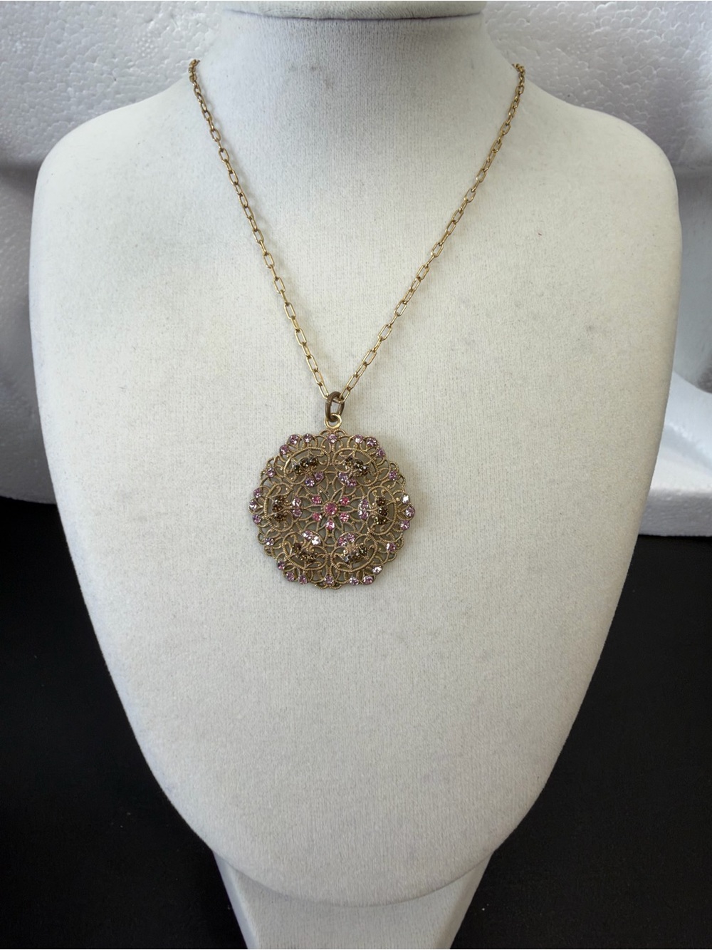 Vintage Catherine Popesco France Gold Tone Bar Link Round Filigree Pink Crystal